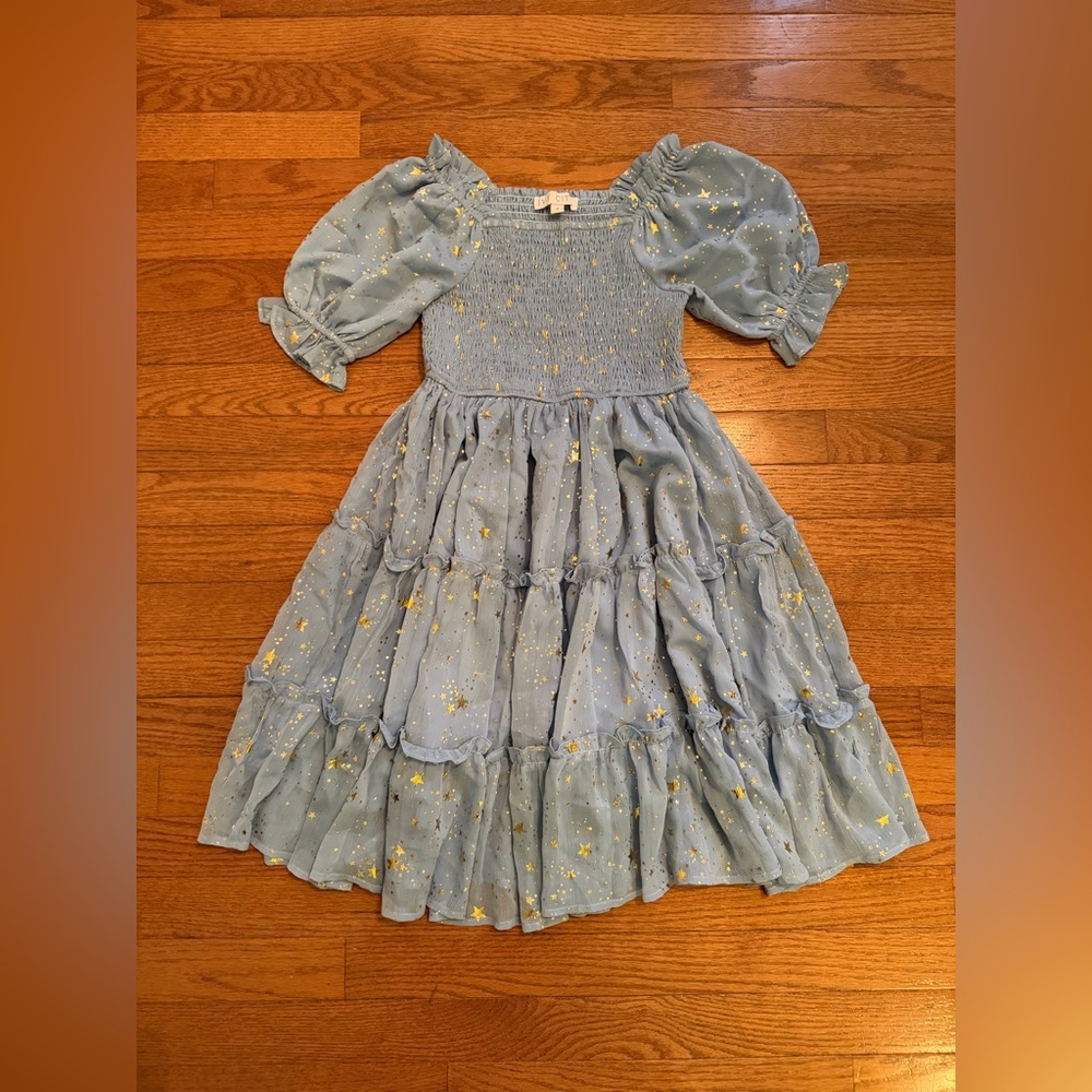 Ivy City Co. Light Blue Gold Ruffle Starry Night Smocked Party Dress